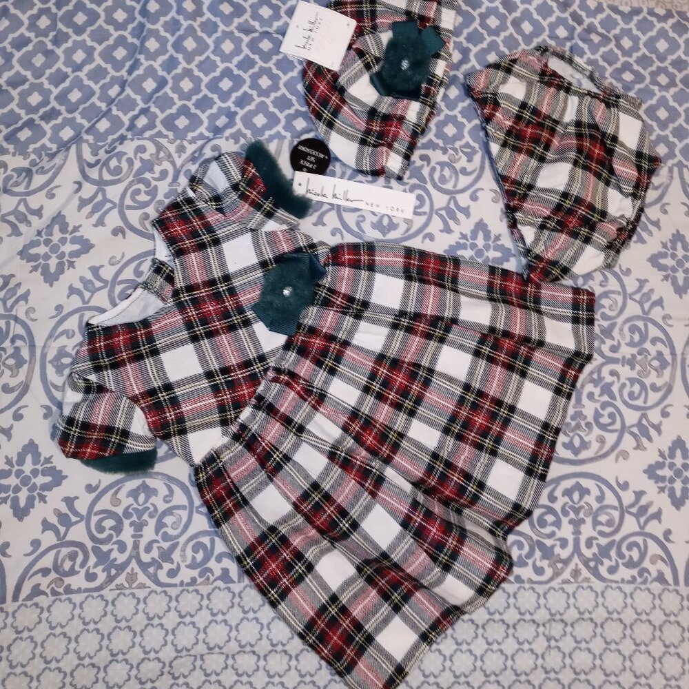 Nicole Miller 3 PC Ivory Multicolor Lurex Plaid Lining Holiday Dress Set 18 M
